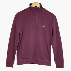 Lacoste Burgundy Quarter Zip Mock Neck Sweatshirt Men M Pockets Logo Cotton Peru
